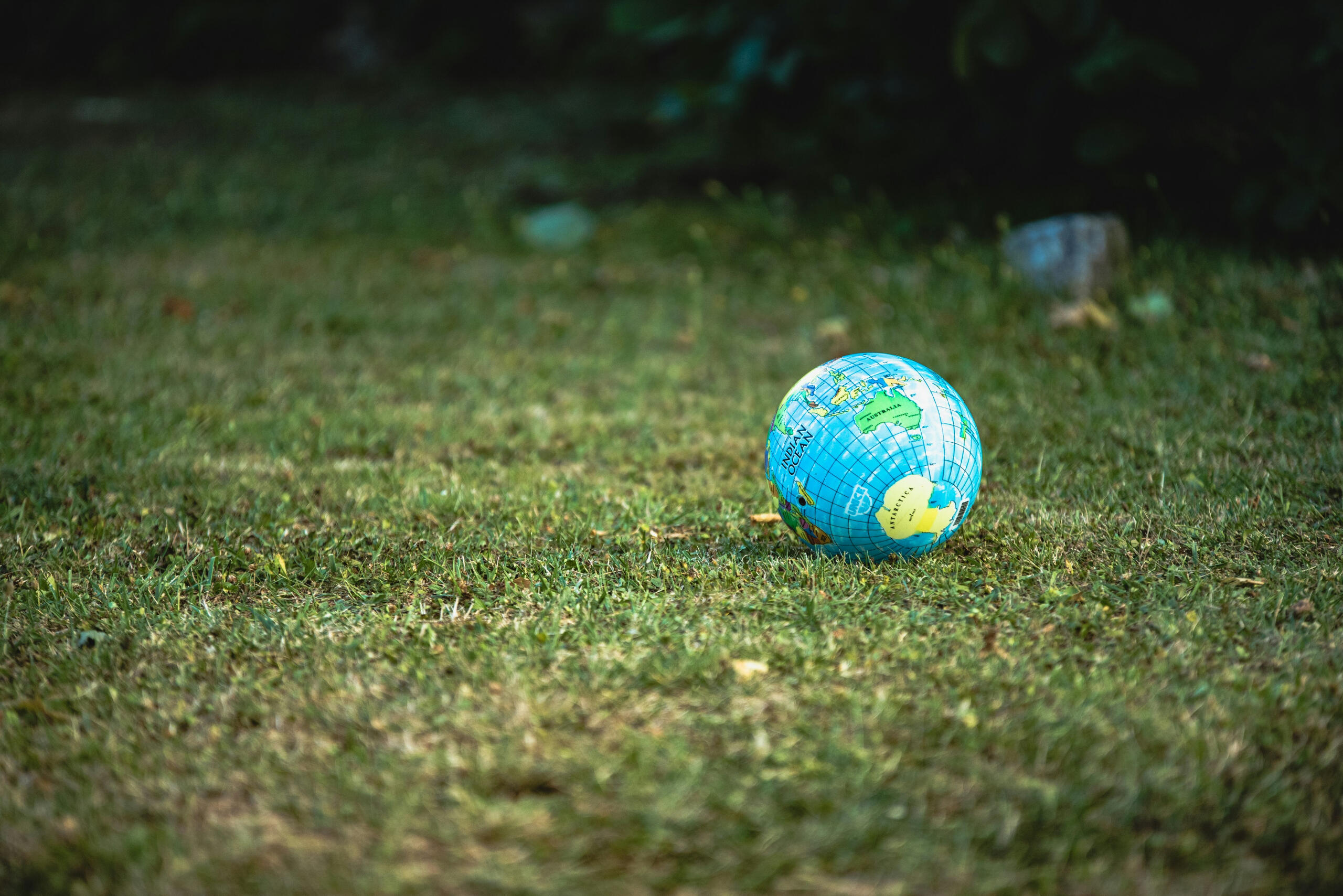 A ball sitting on the grass looks like the earth